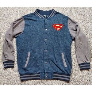 Superman DC Comics Jacket Large Blue Mens Varsity Logo Snap Button Lightweight